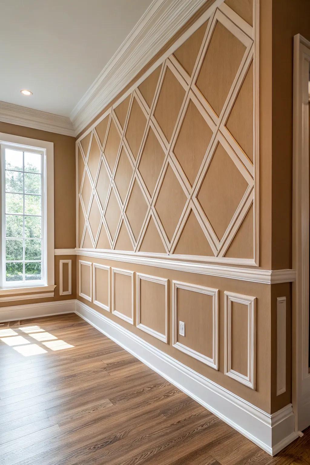 Geometric trim molding, painted tone-on-tone, gives a luxe feature wall with quiet Scandinavian charm.