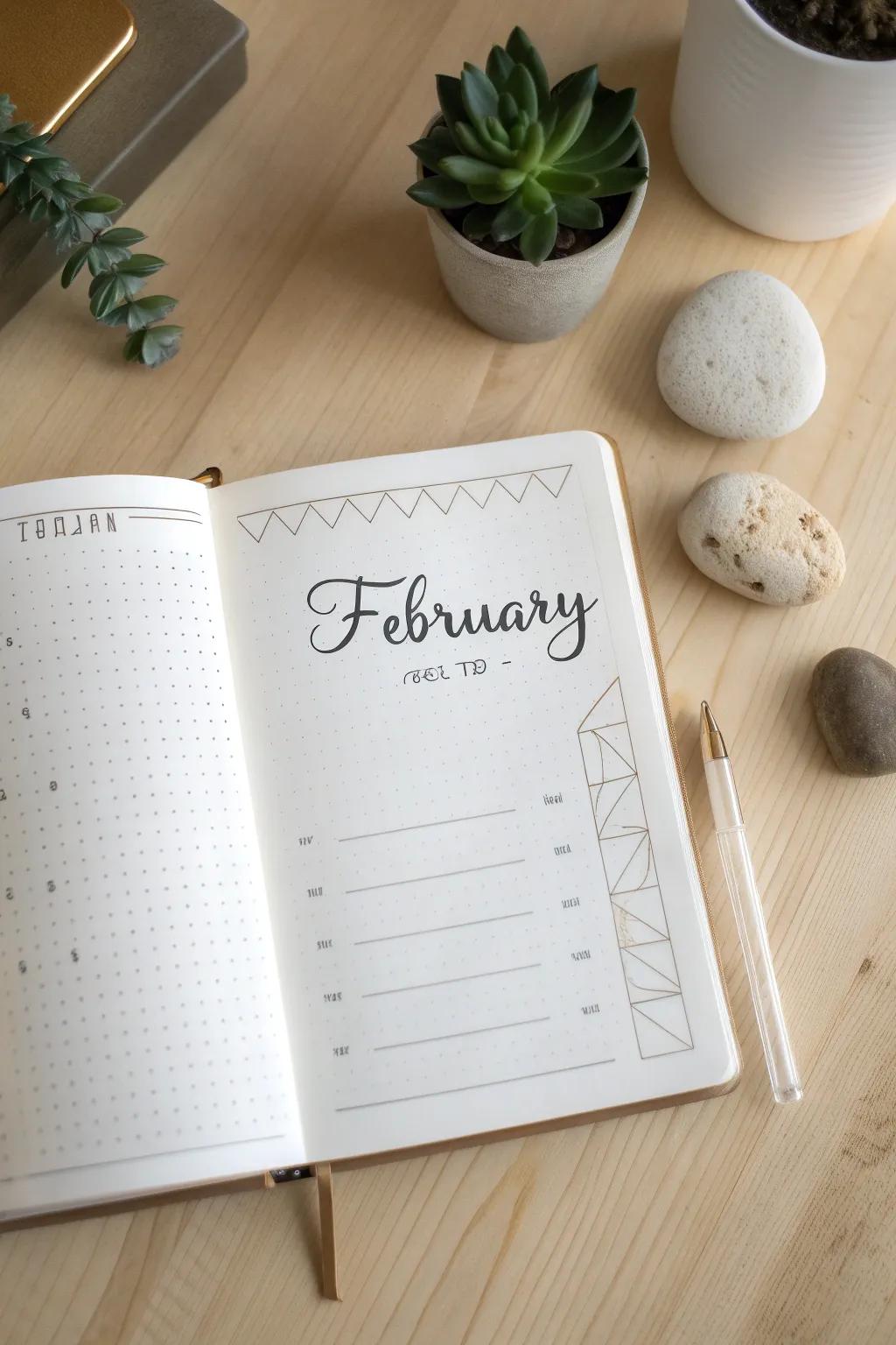 Embrace the art of simplicity with a minimalist bullet journal for February. #MinimalistMagic