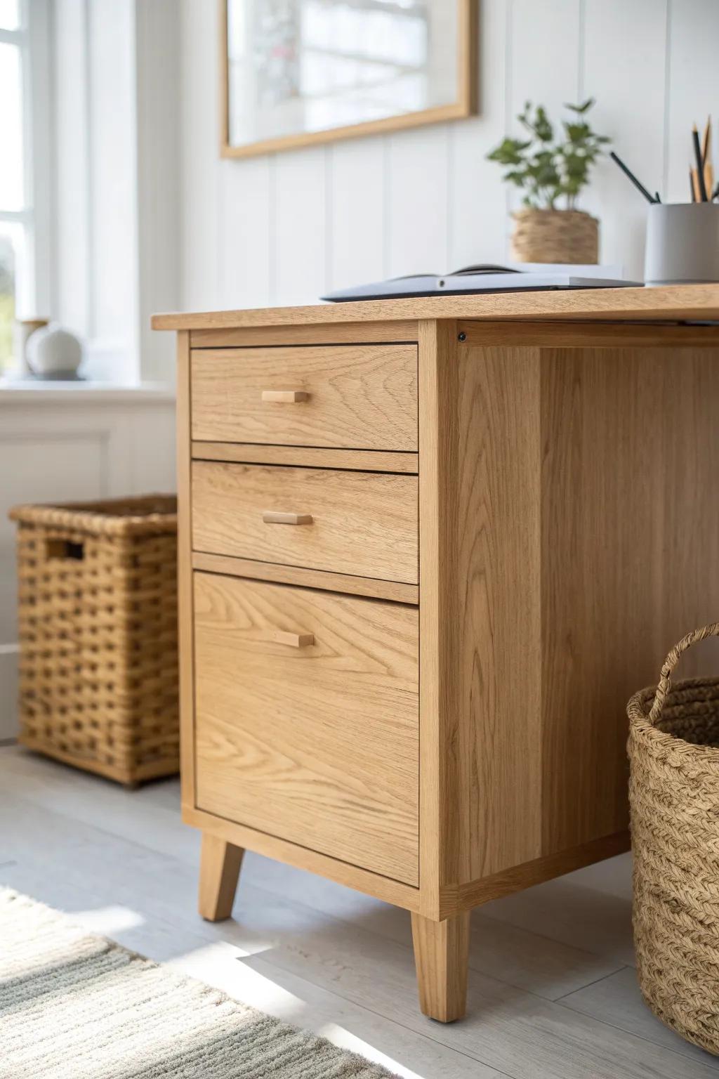 Simple oak risers add height to your file cabinet desk for better posture and a cleaner look.