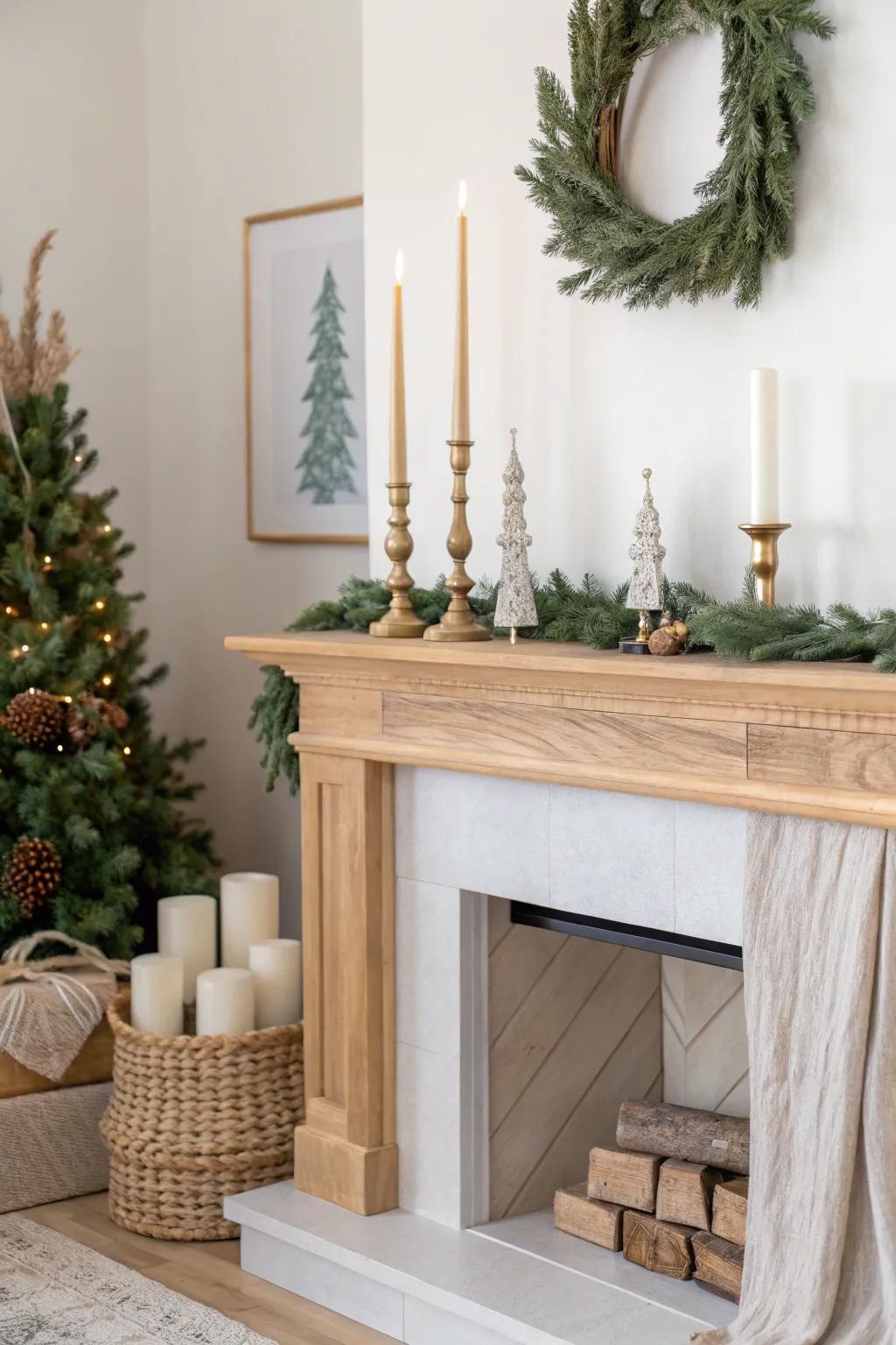 Mantel skyline styling: tall candles, cozy trees, and low greenery for a balanced Christmas look.