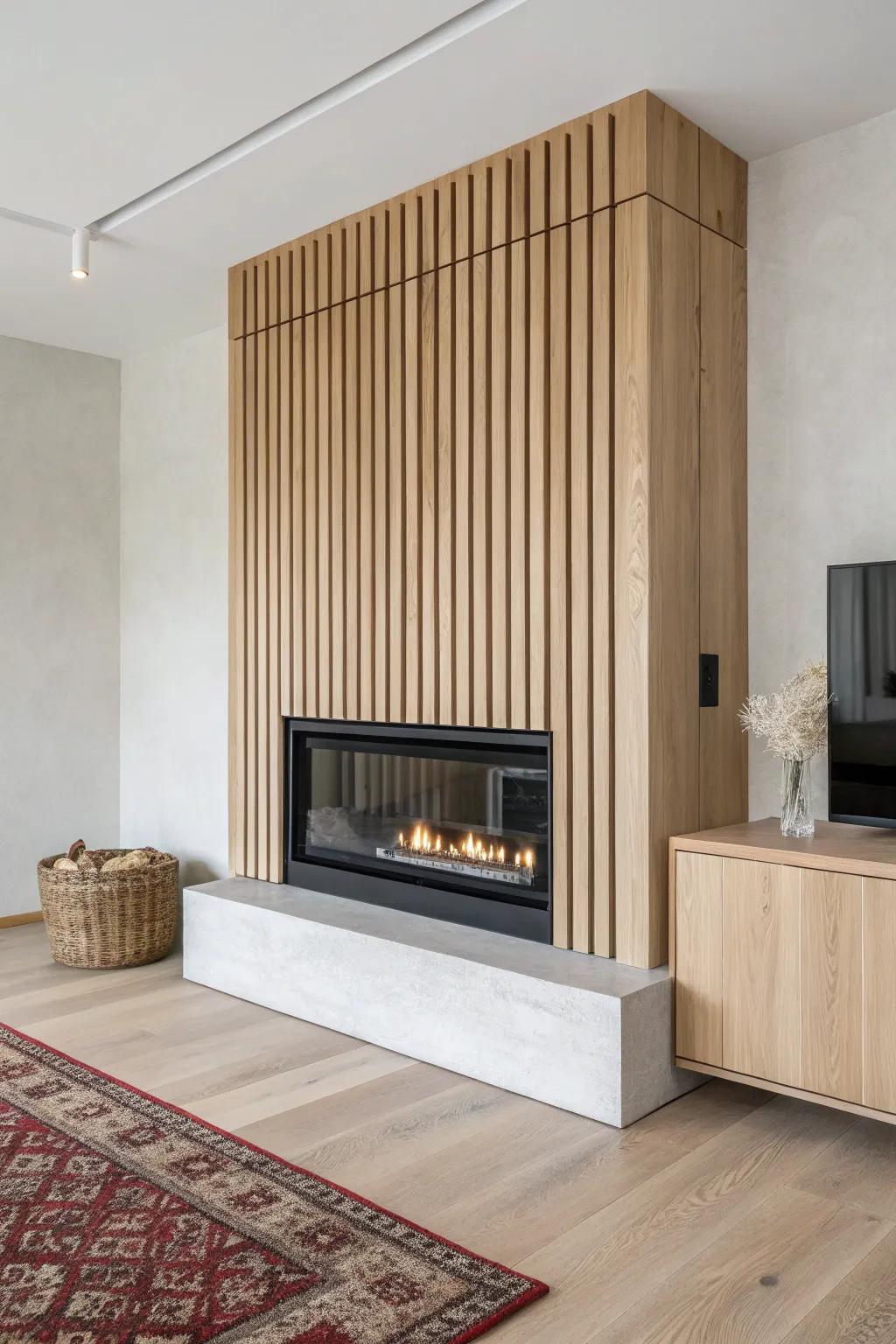 Vertical oak slat fireplace facade—clean lines, warm texture, and shadow-played height.