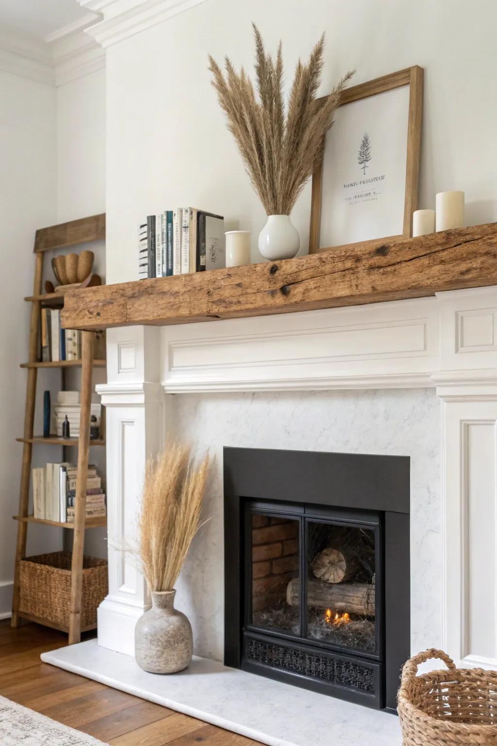 Thick reclaimed-wood floating shelves frame the mantel for a cozy, minimal library vibe.