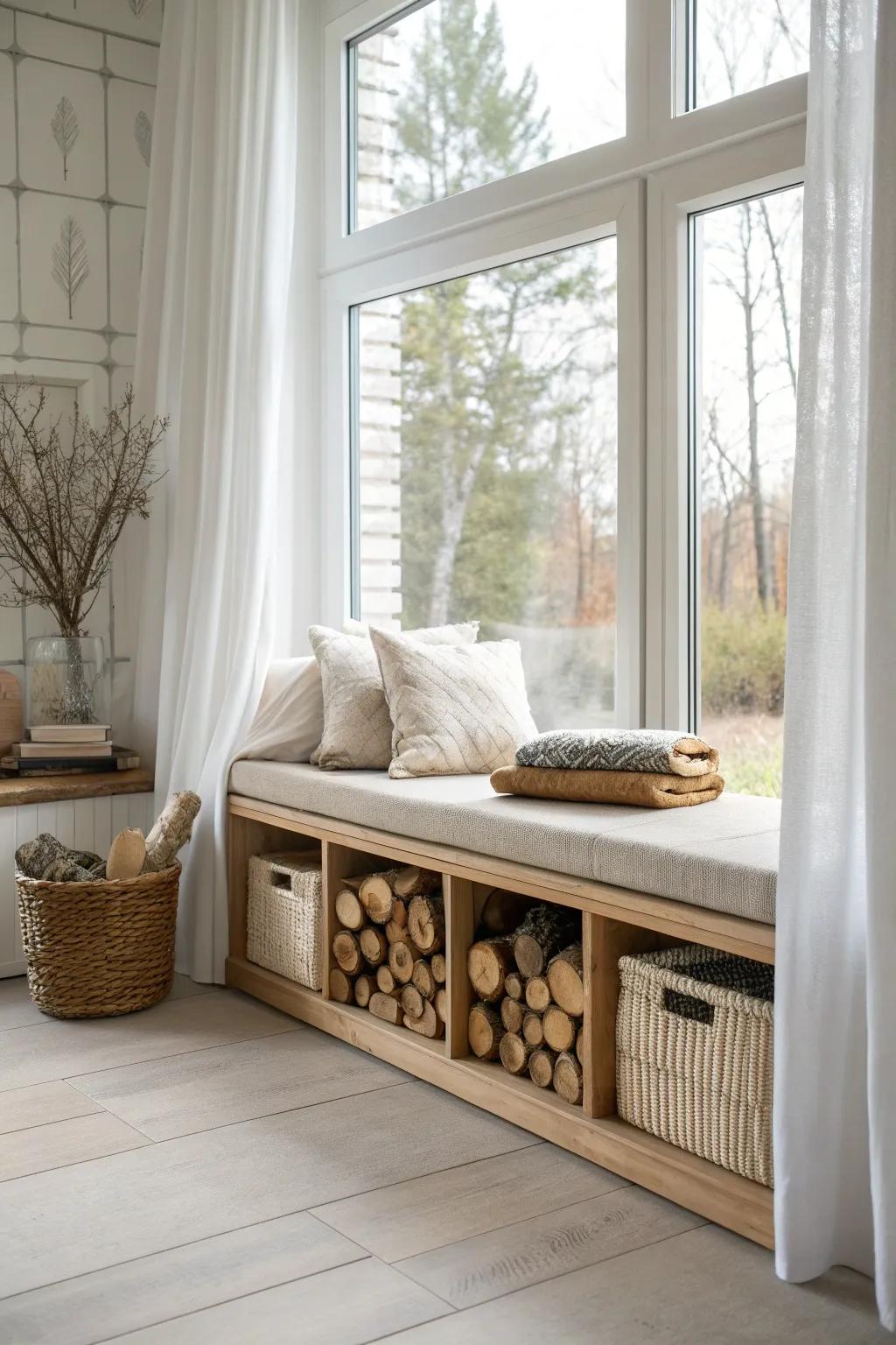 Built-in window seat log cubbies—clean Scandinavian lines with warm, cozy firewood storage.
