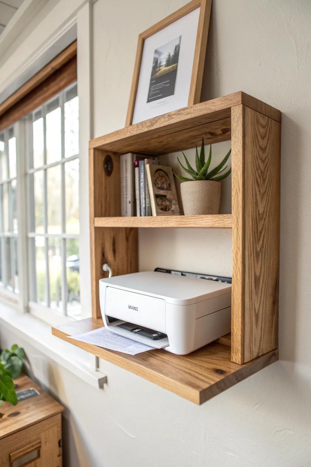 A clean floating shelf print station—printer above, paper tucked below, desk stays clear.