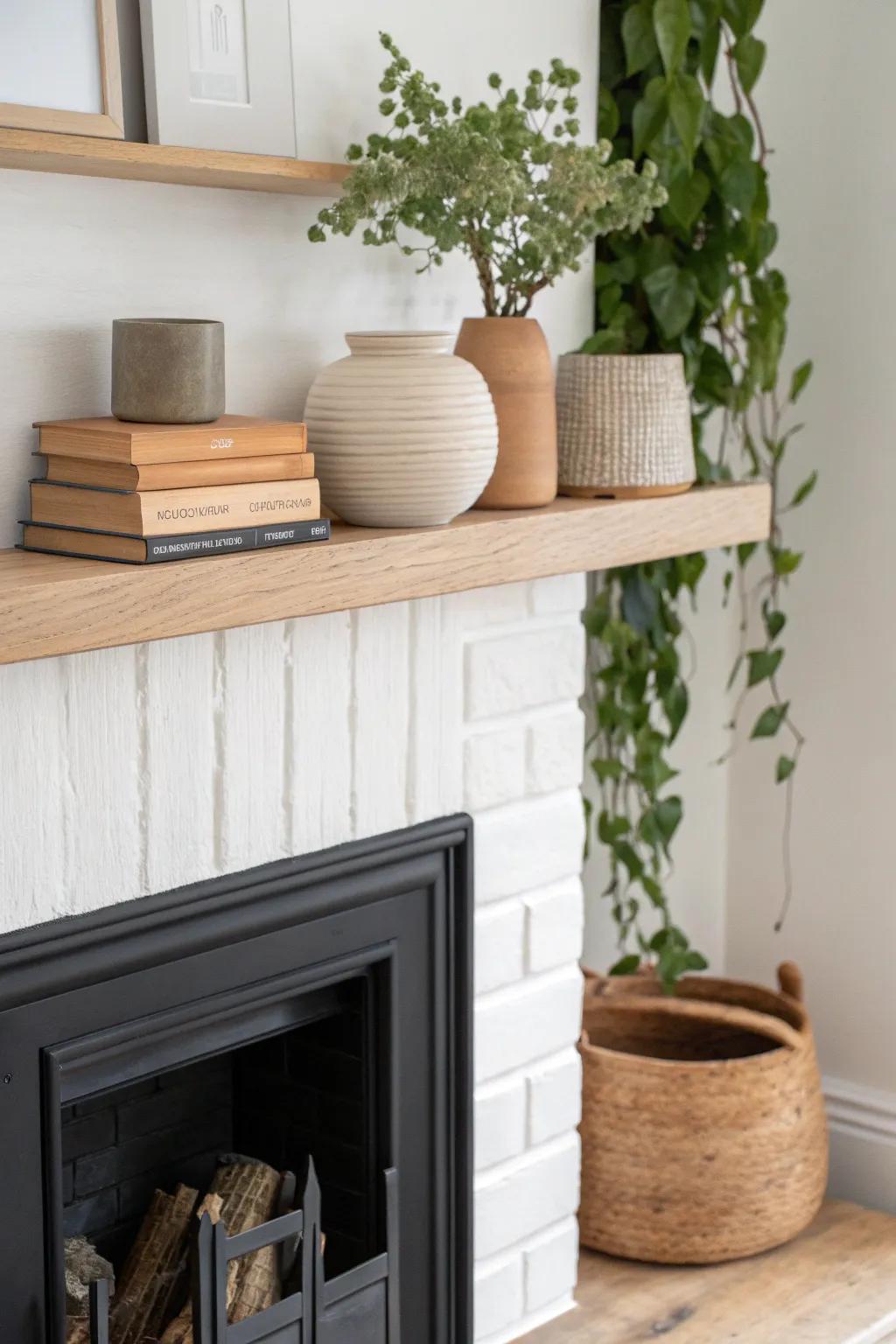Books, pottery, and one trailing plant—an airy floating shelf moment that complements the fireplace.