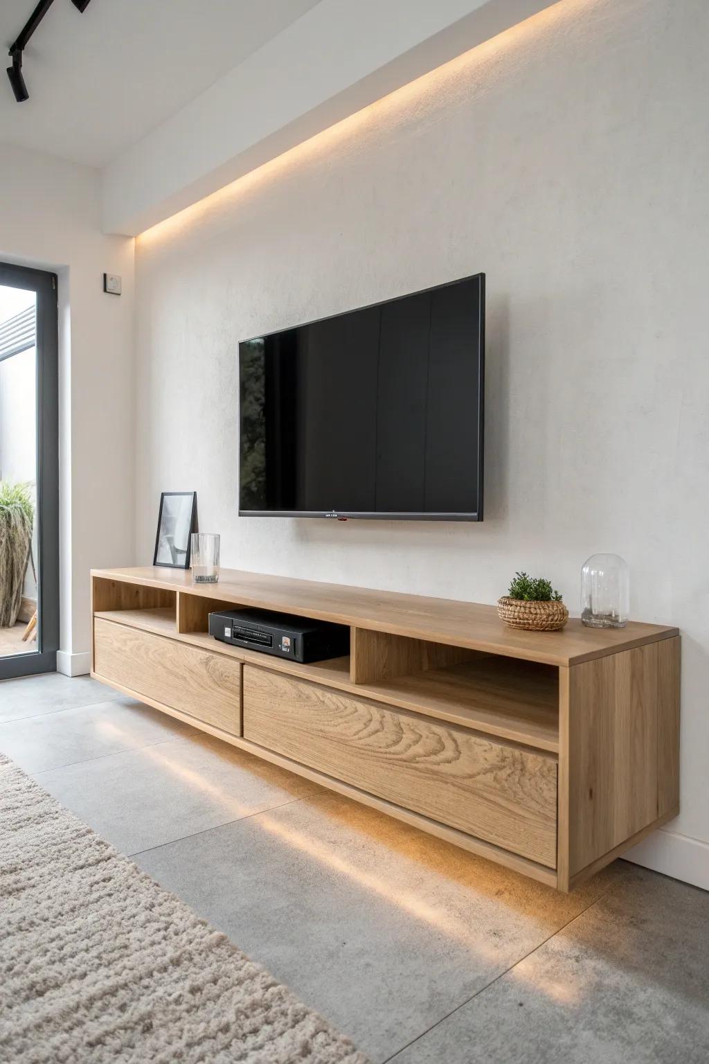 Hidden LED underglow turns a minimalist floating oak TV stand into a warm evening focal point.