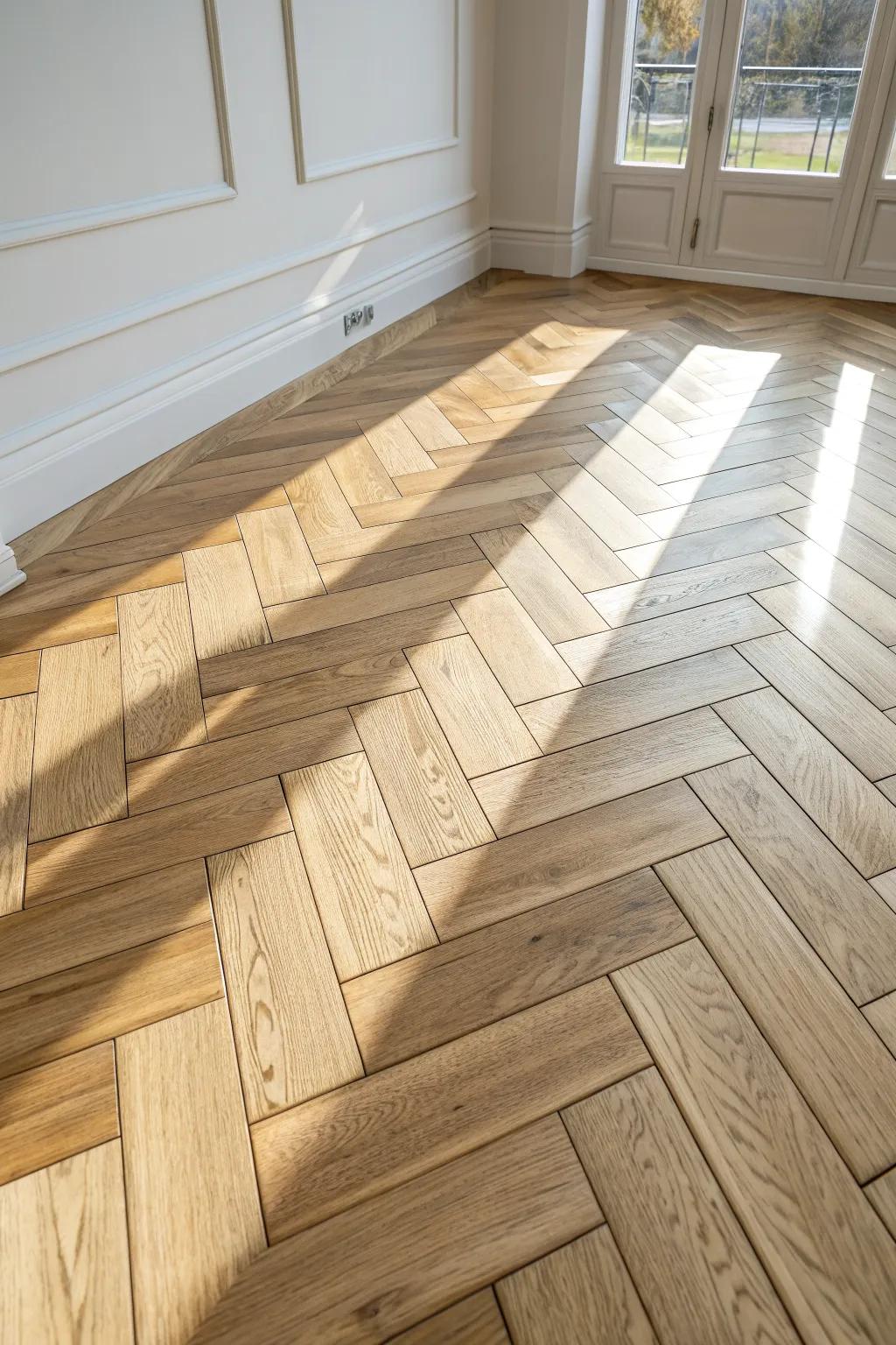 Herringbone planks turn simple wood flooring into a custom, showstopping statement.