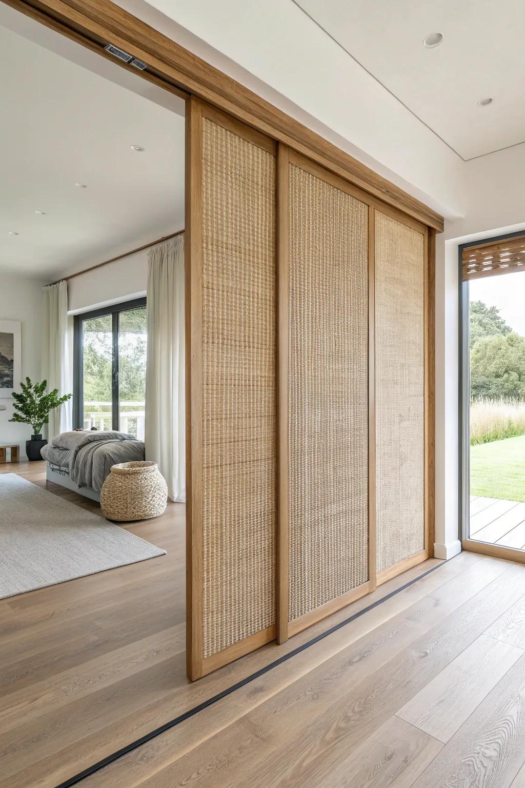 Floor-to-ceiling sliding panel divider—light oak + cane for flexible, airy room zoning.