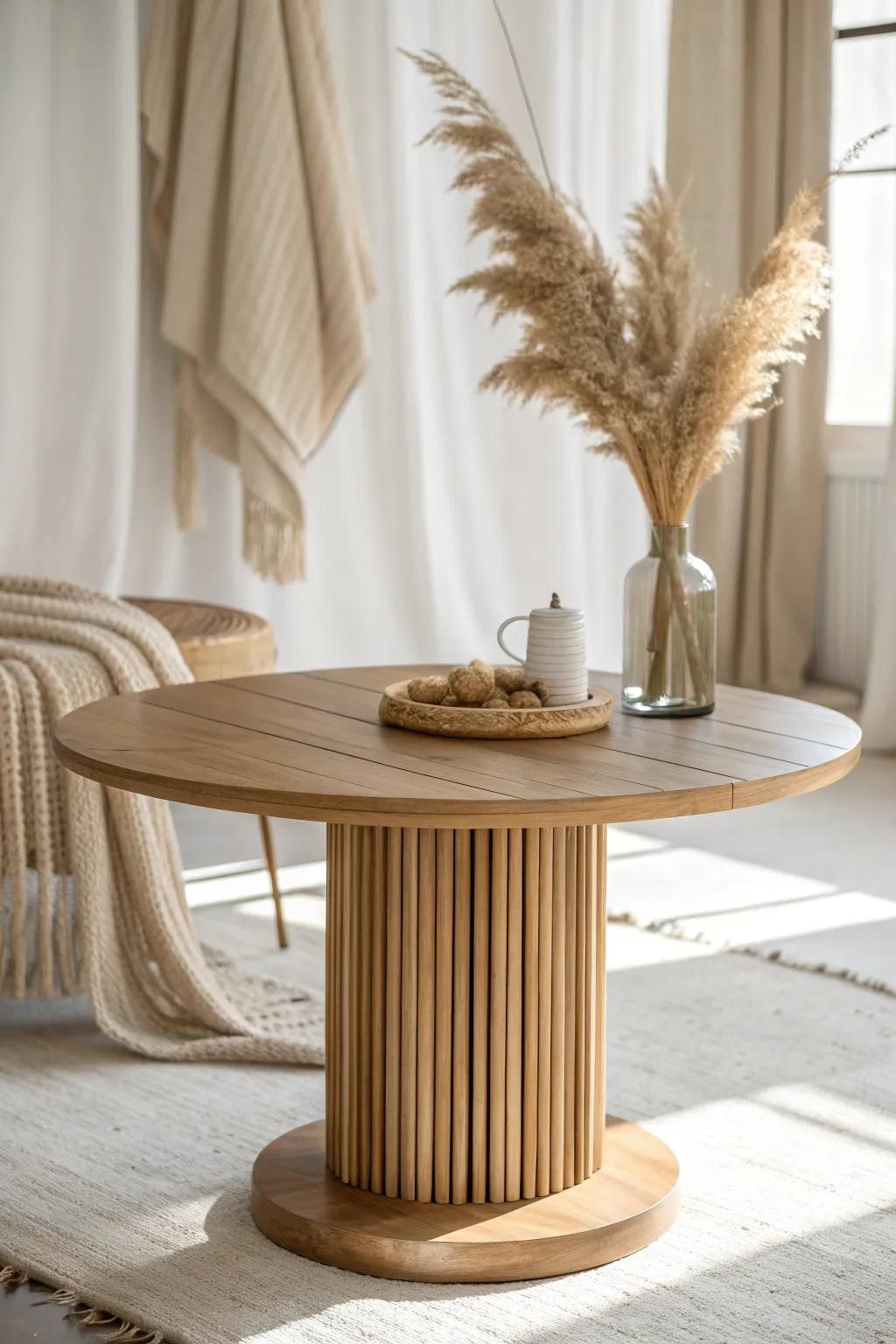 Thin-slat fluting adds soft texture—delicate shadow lines on a bright, airy coffee table.