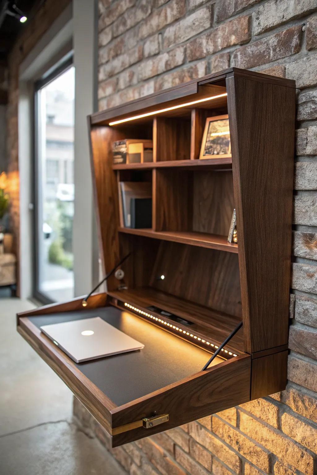 Elevate your workspace with a fold-down desk that combines functionality and style, complete with integrated lighting for those late-night inspirations.