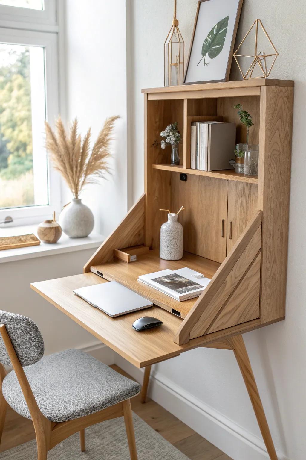 A corner fold-down desk shelf that opens into a workspace—tiny footprint, big calm.
