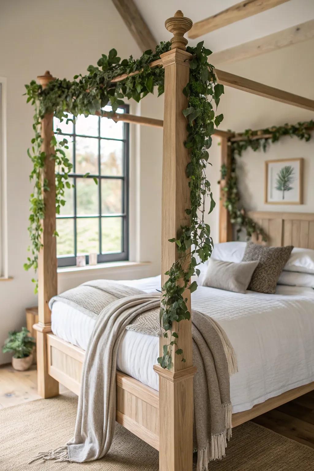 A calm boho twist: greenery-wrapped four-poster posts with soft linens and warm oak.