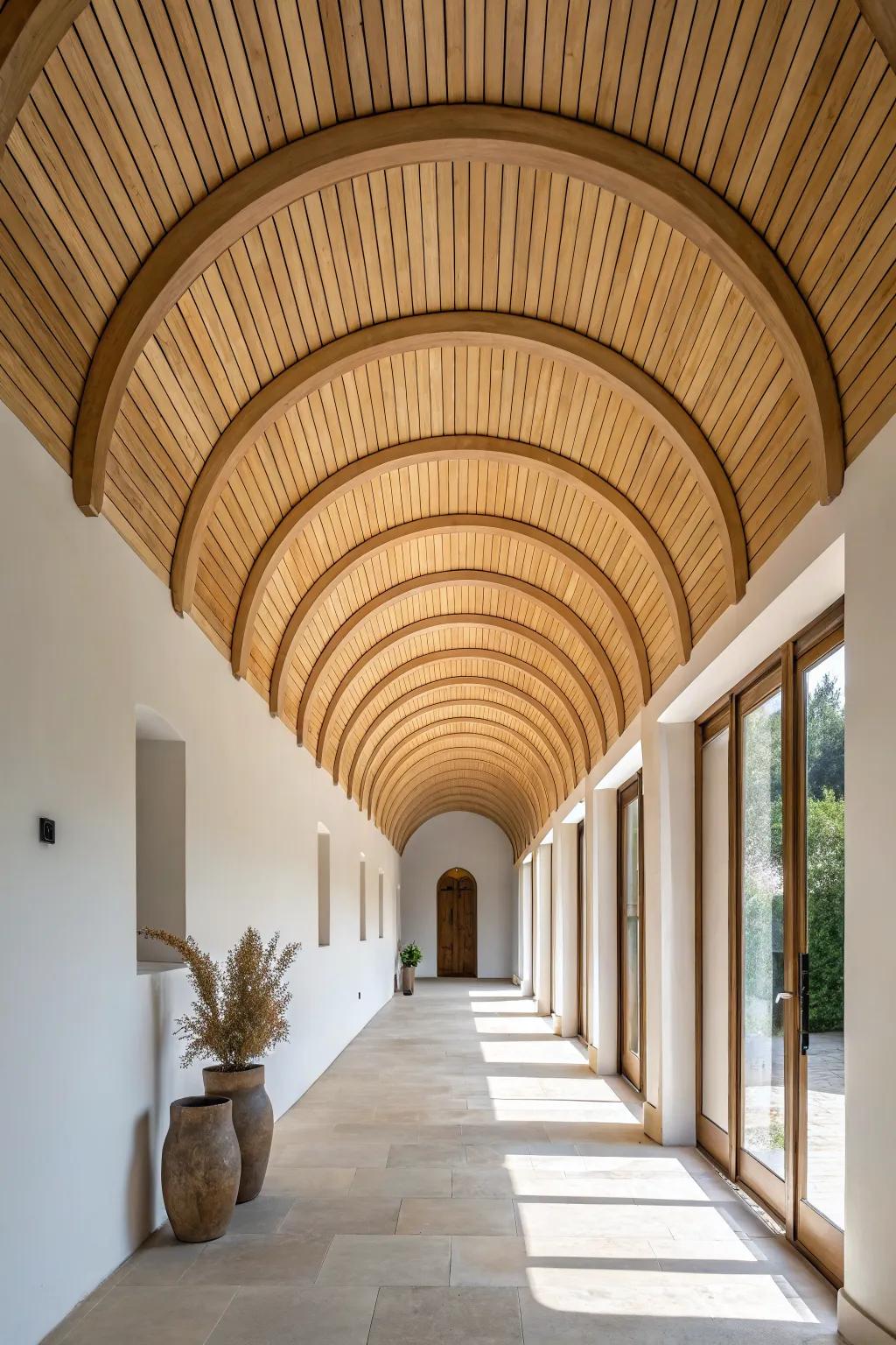 A pale‑oak barrel vault turns a long foyer into a calm, gallery‑like hallway.
