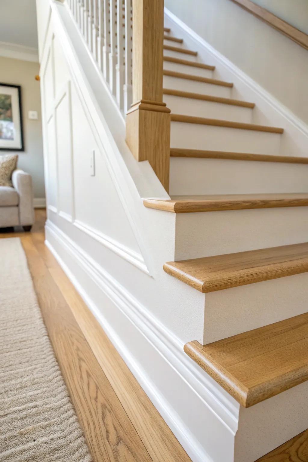 Crisp skirt board + tiny shoe molding—an easy stair trim upgrade that elevates your whole foyer.