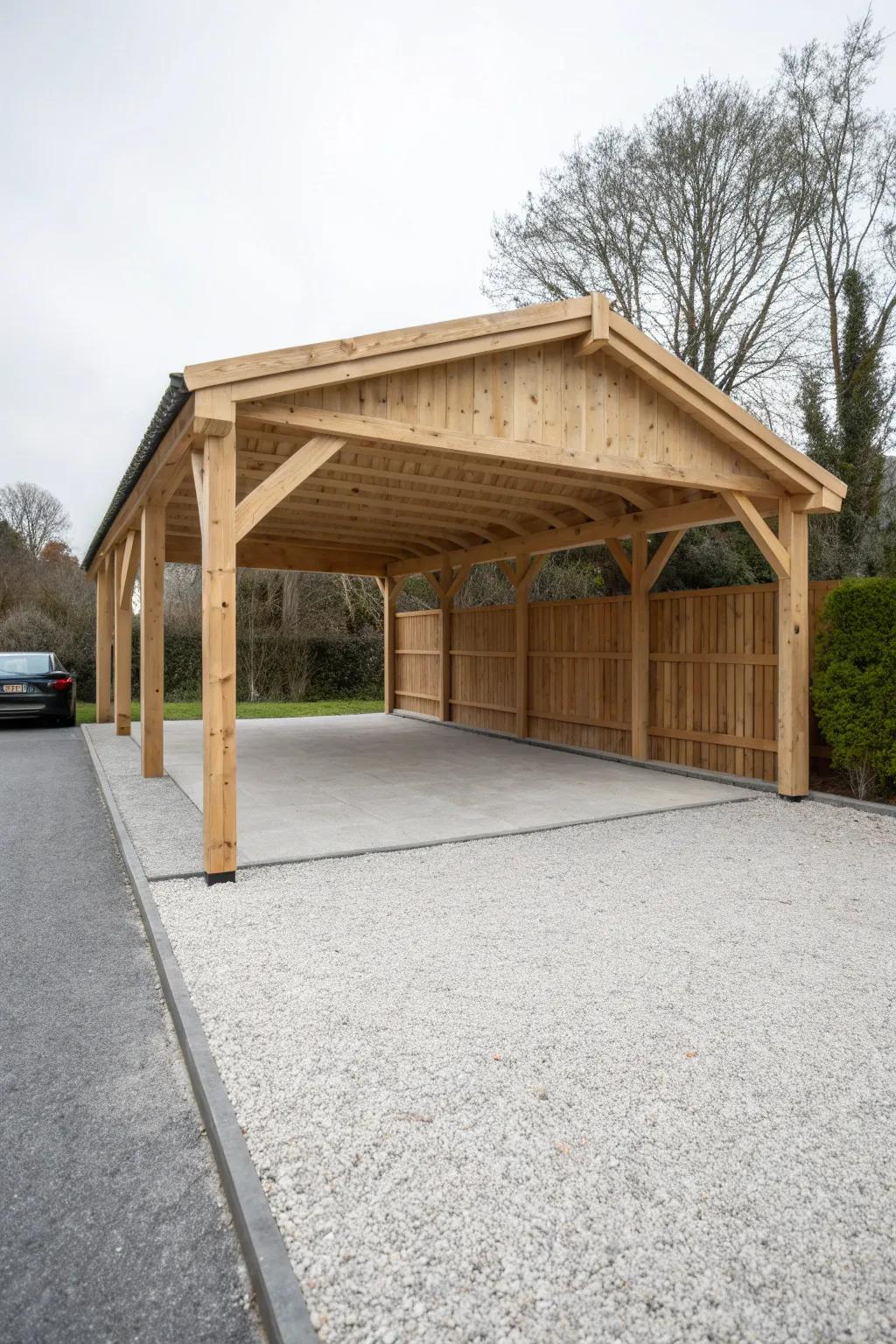 Rustic freestanding carport on a polished gravel pad—clean lines, warm wood, sturdy braces.
