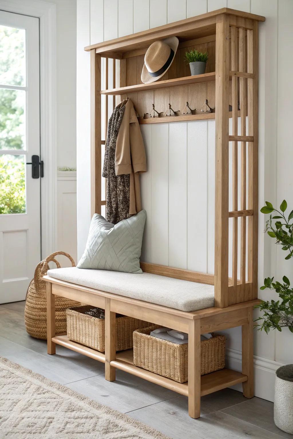 Entryway shelf + bench combo: chunky wood warmth, strong lower shelf, calm minimalist style.
