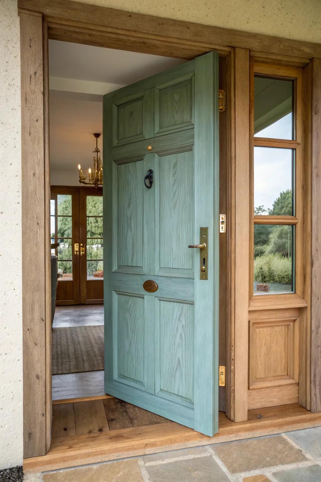A statement wood door with a muted blue-green interior—French country charm with quiet contrast.