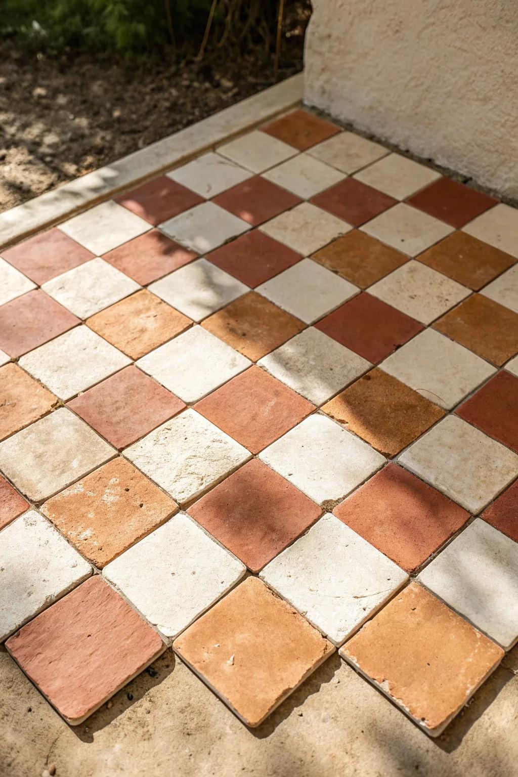 Warm terracotta meets pale stone—French checkerboard charm with a clean, crafted finish.