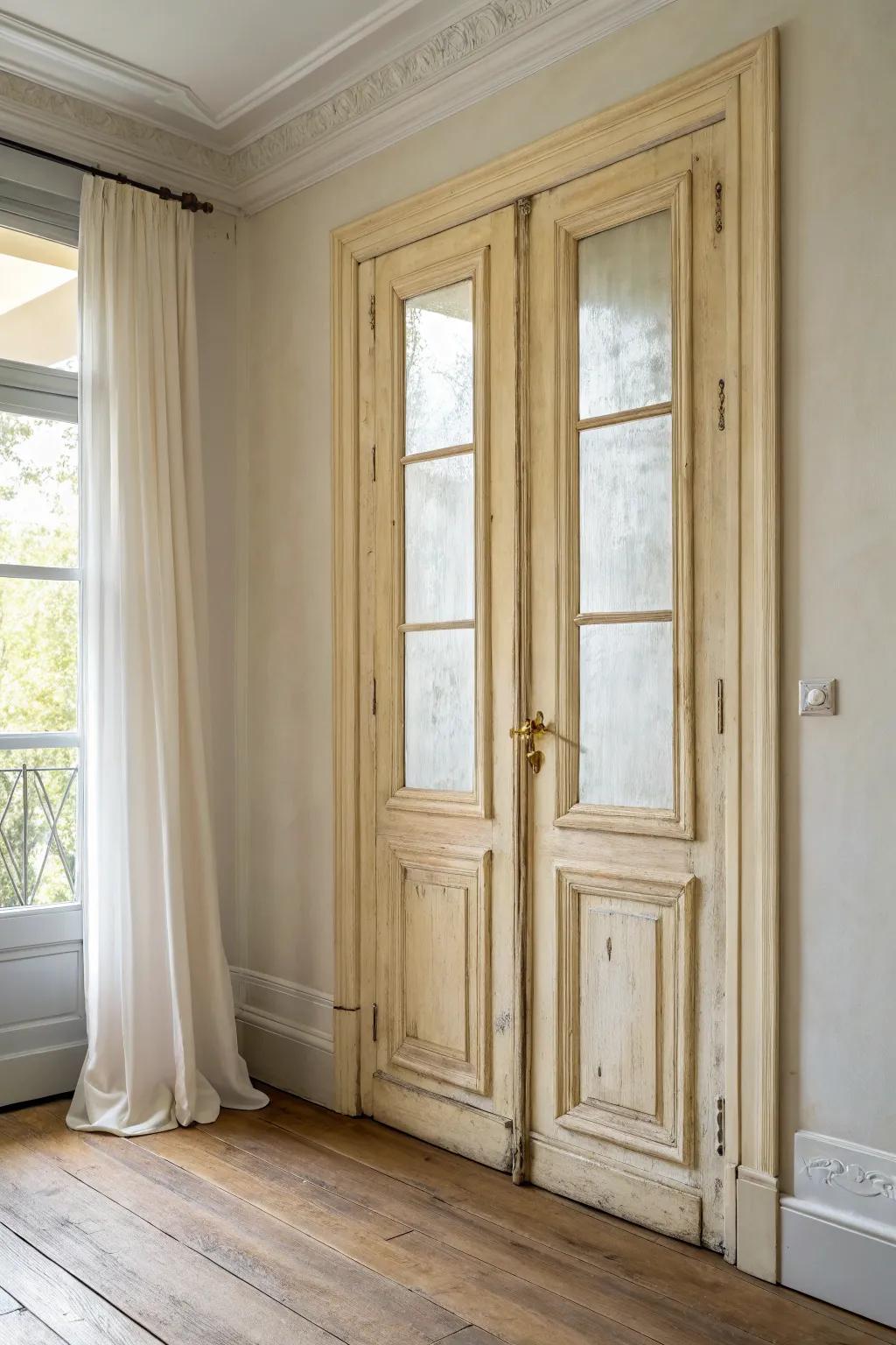 Creamy off-white French doors add vintage warmth while staying bright and softly modern.