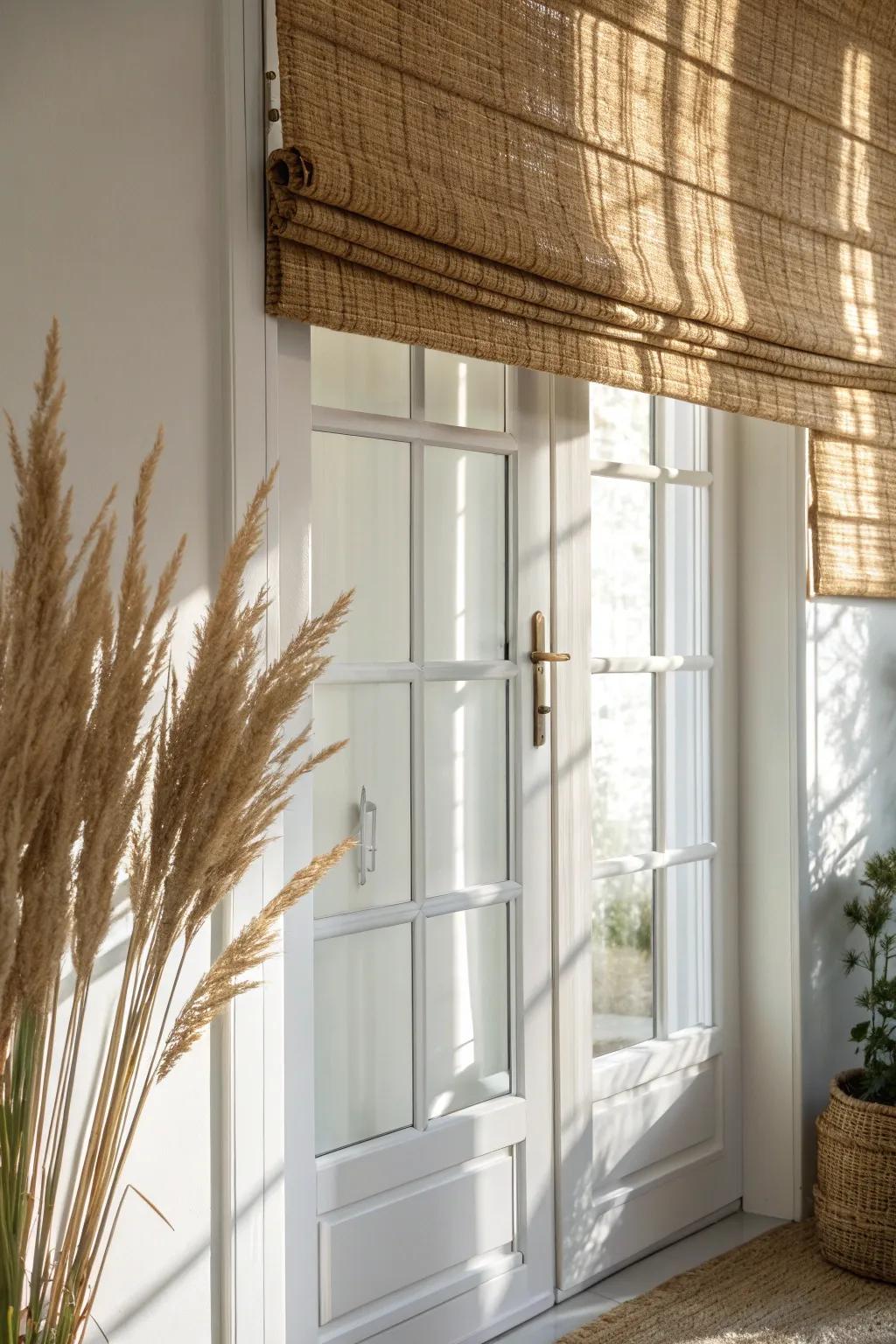 Woven wood shades on French doors add cozy rustic texture with soft, flattering light.