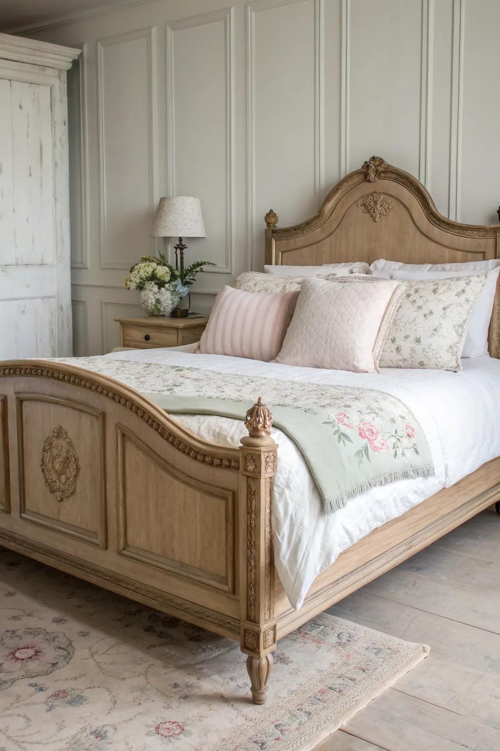 Romantic French provincial layering: soft florals, neutral linen, and a handcrafted oak bedframe.