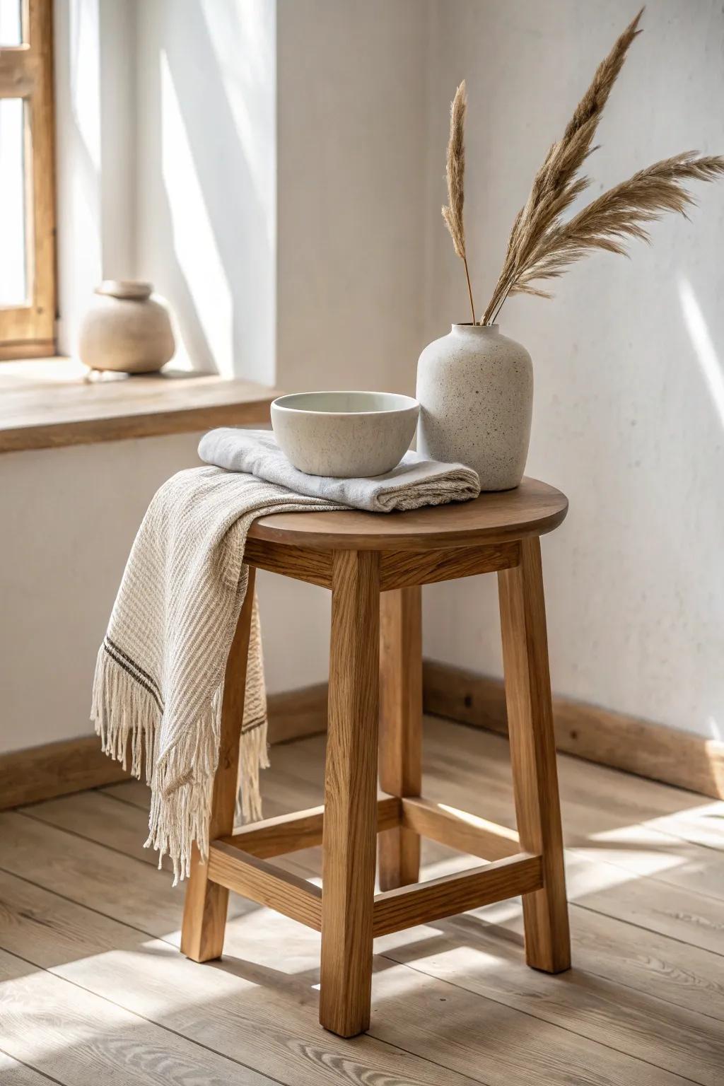A neutral styling kit: oak, linen, and simple ceramics—swap one accent color per display.