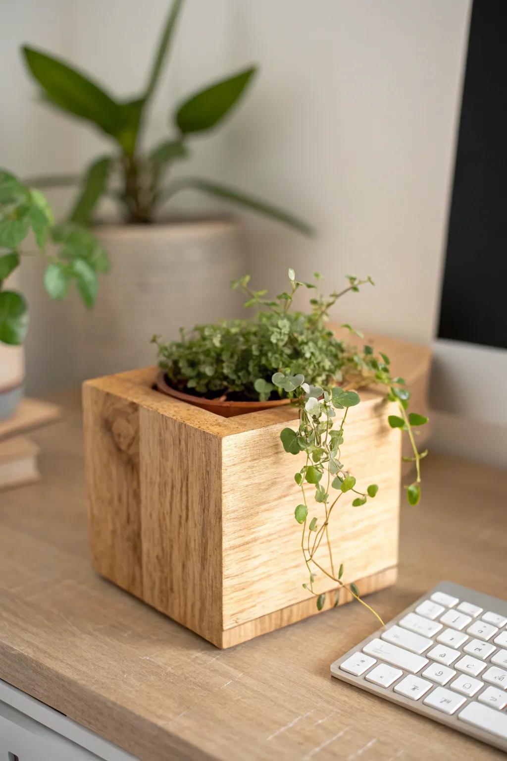 A tiny handmade wooden planter adds softness and calm greenery to your gaming desk setup.