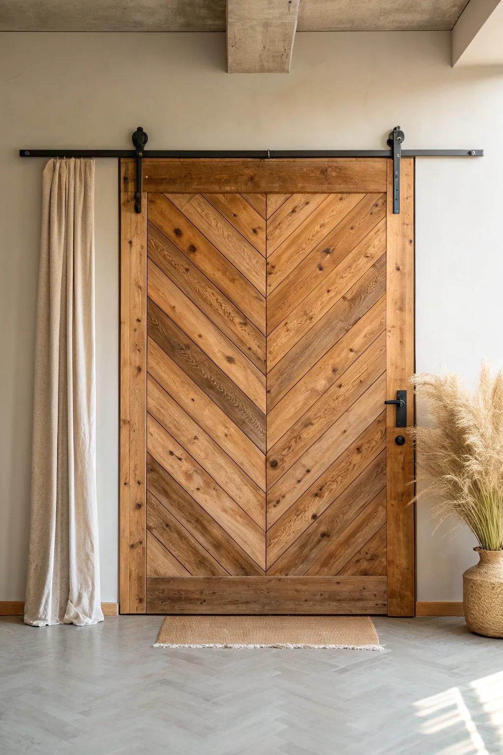 A bold chevron barn door in warm wood tones—minimalist, modern, and beautifully handcrafted.