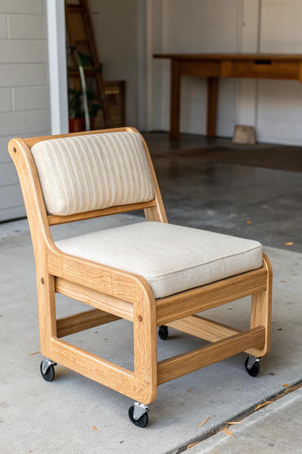 A cozy rolling chair with a plywood parking pad—workbench to chill zone, effortlessly.