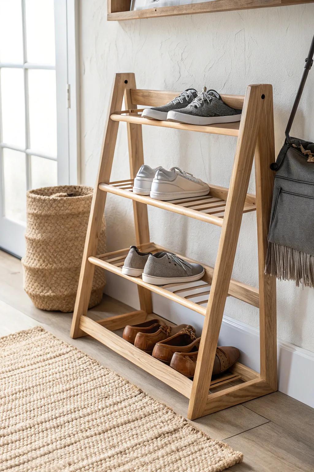 Slanted oak shoe rails keep pairs visible and tidy—minimal, handcrafted storage for a calm garage.