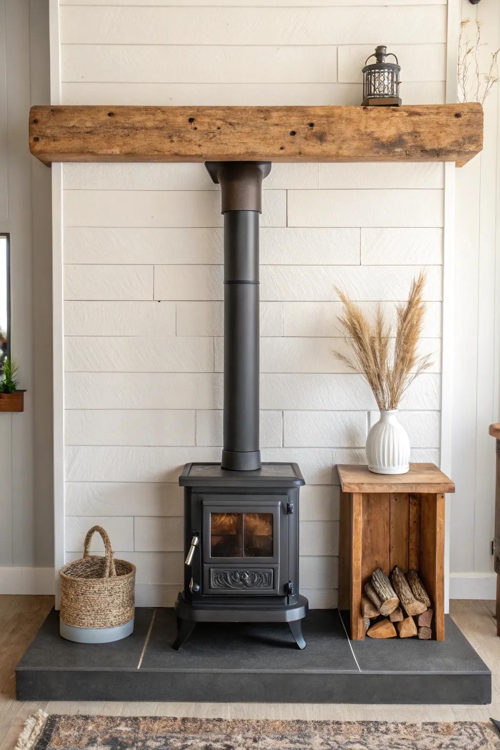 A sleek heat shield with a reclaimed-wood mantel shelf—minimal, warm, and workshop-ready.