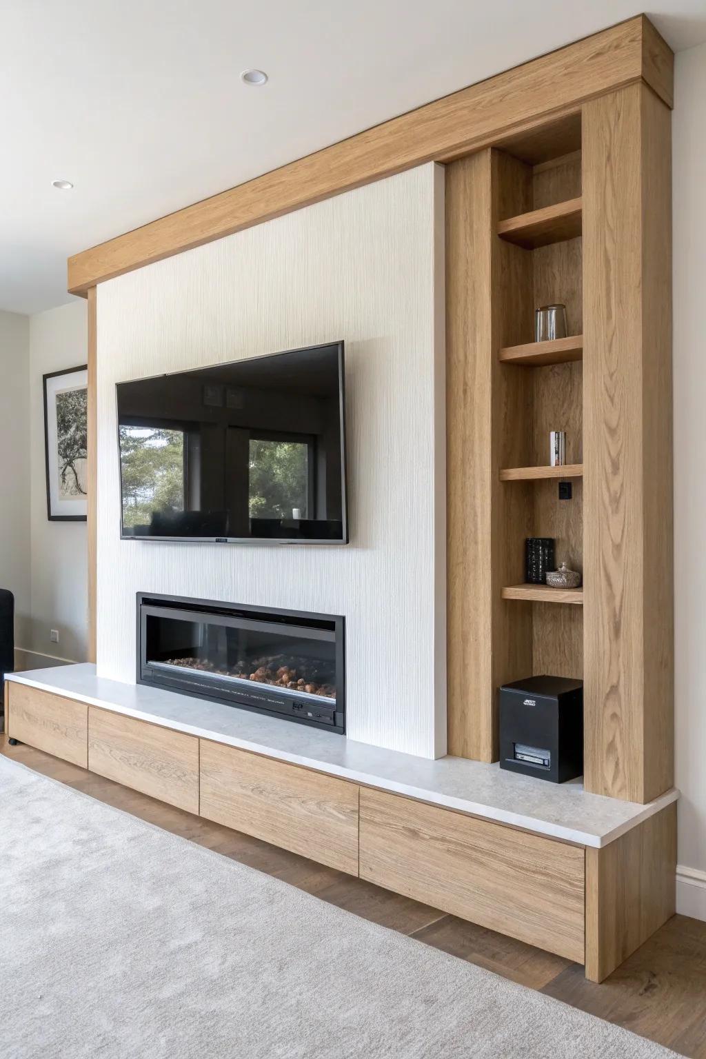 Make the TV feel built-in: a deep oak surround frames screen + gas fire in clean Scandi style.
