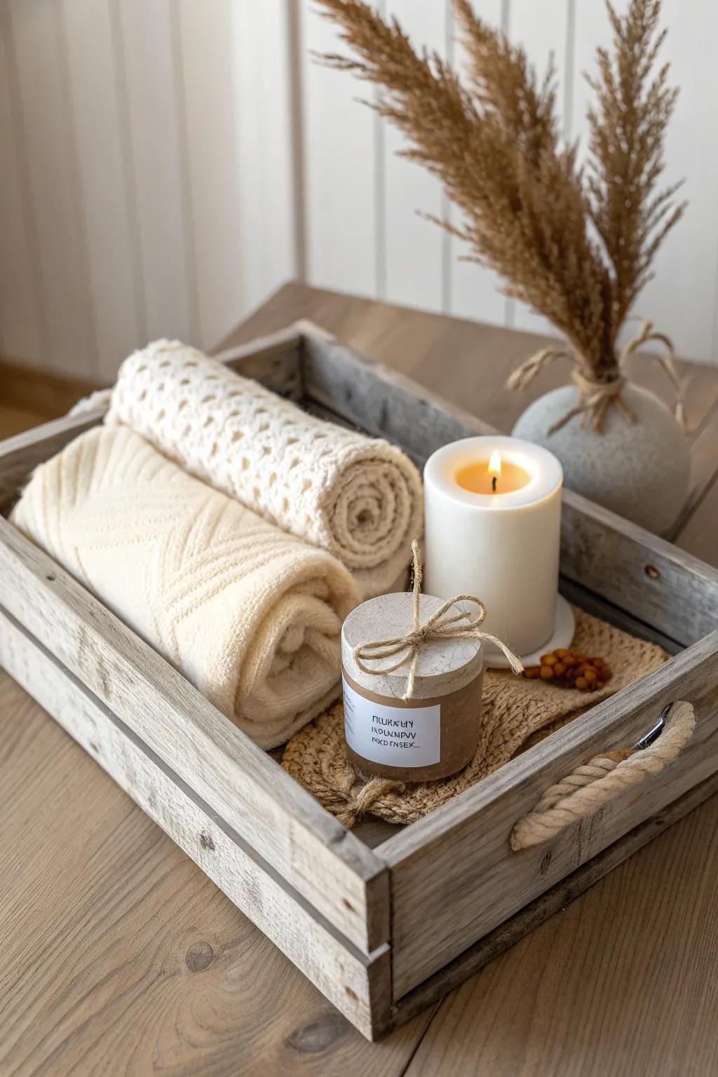 Weathered wood crate with blanket, candle, fuzzy socks, and a sweet treat—pure comfort.
