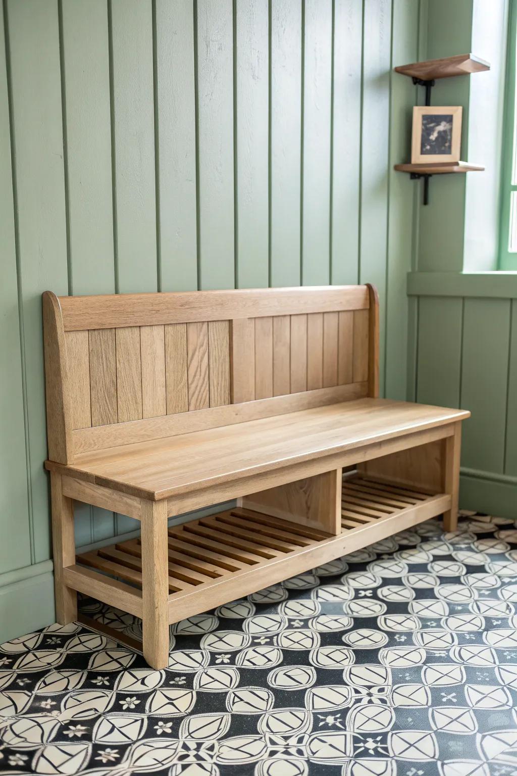 Sage-green mudroom warmth paired with durable patterned tile—crafted oak bench as the focal point.