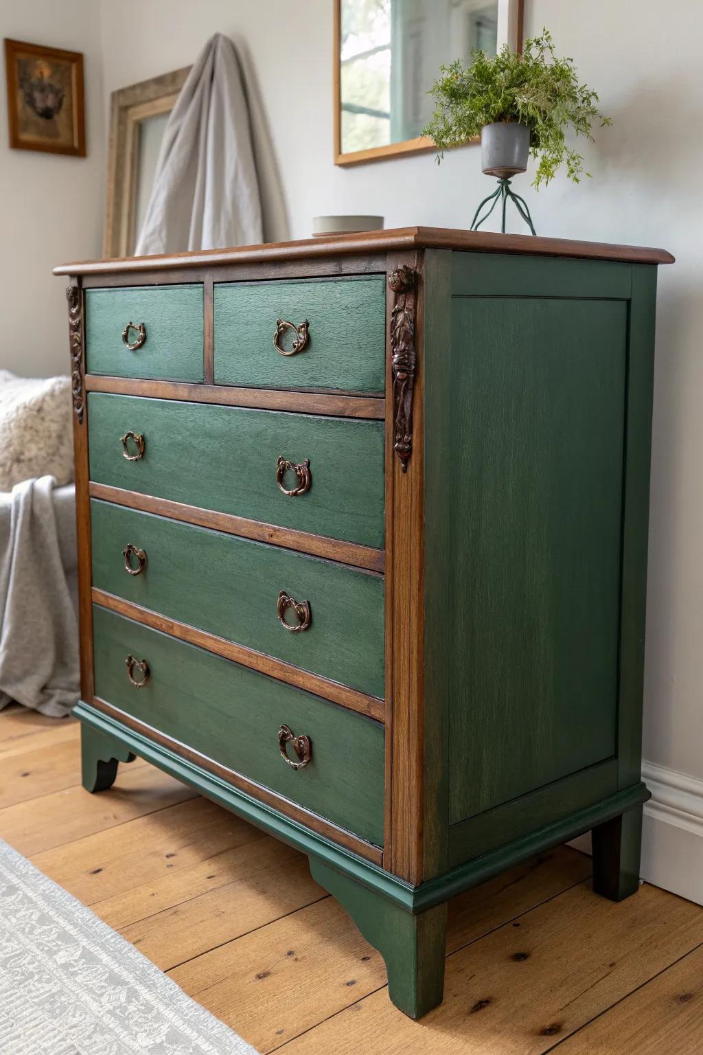 Antique dark green dresser with warm glazed carvings—old-world depth, clean and refined.