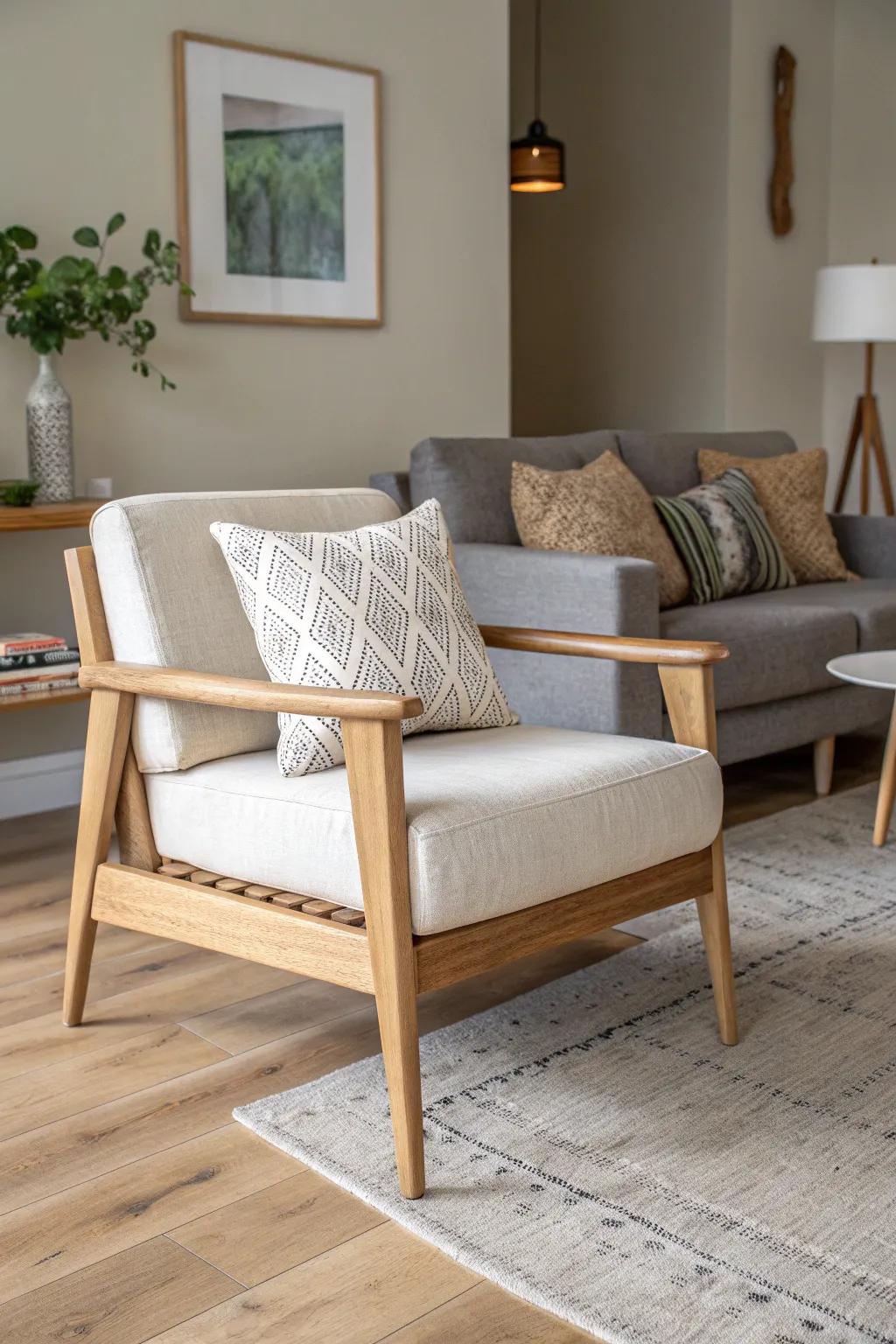Grey sectional, airy balance: a wood-leg chair that breaks up the grey and keeps it light.