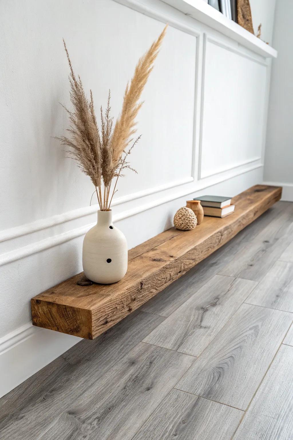 Warm natural wood floating shelf adds cozy contrast to a cool gray floor living room.