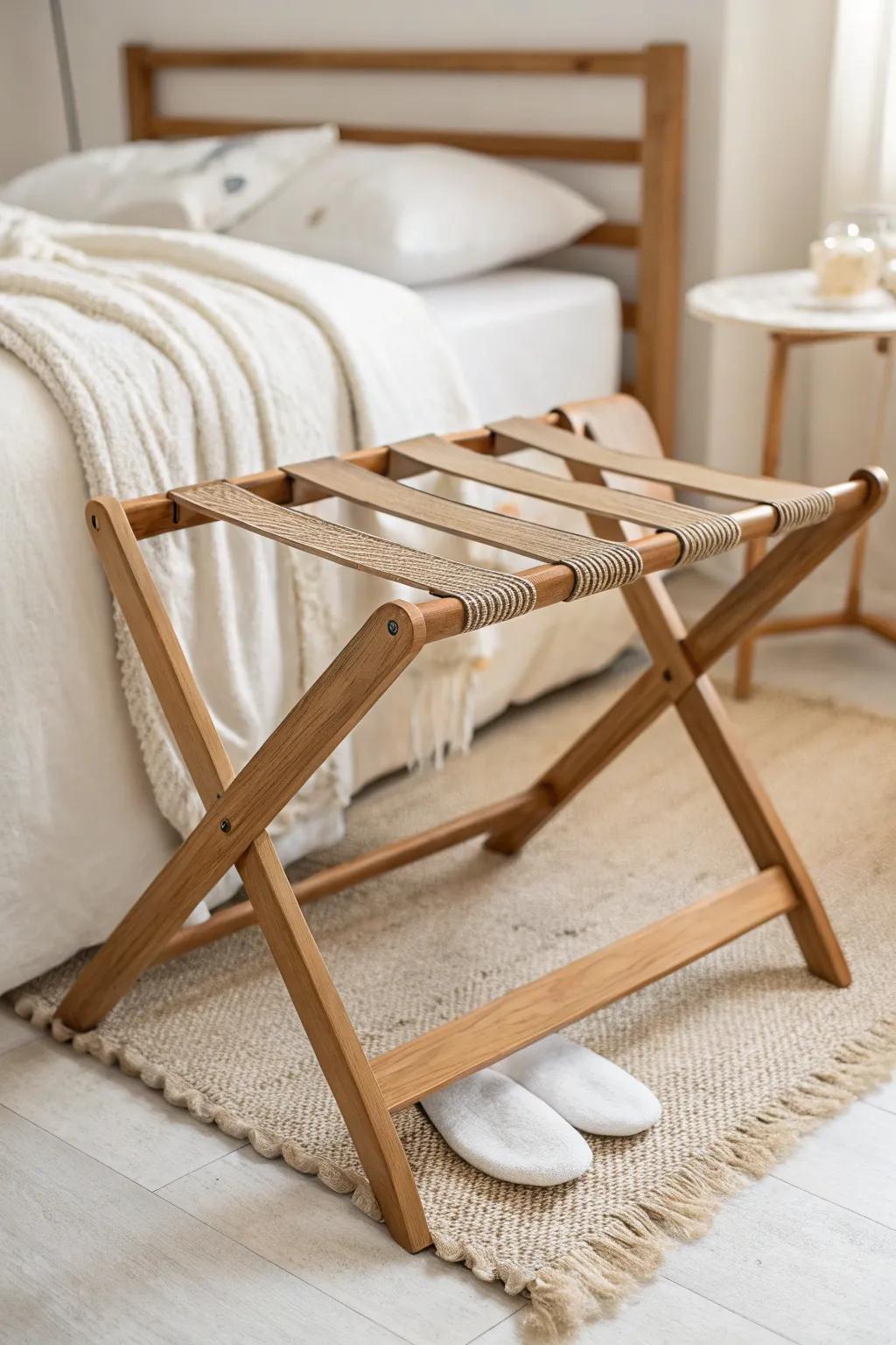 A fold-flat wooden luggage rack that glides under the bed—perfect for tiny guest rooms.
