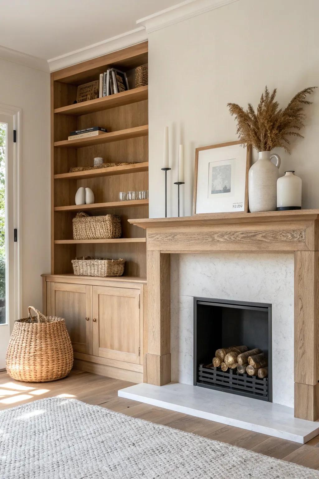 Half-wall fireplace with built-in open shelves—minimal, warm wood tones, and easy styling.
