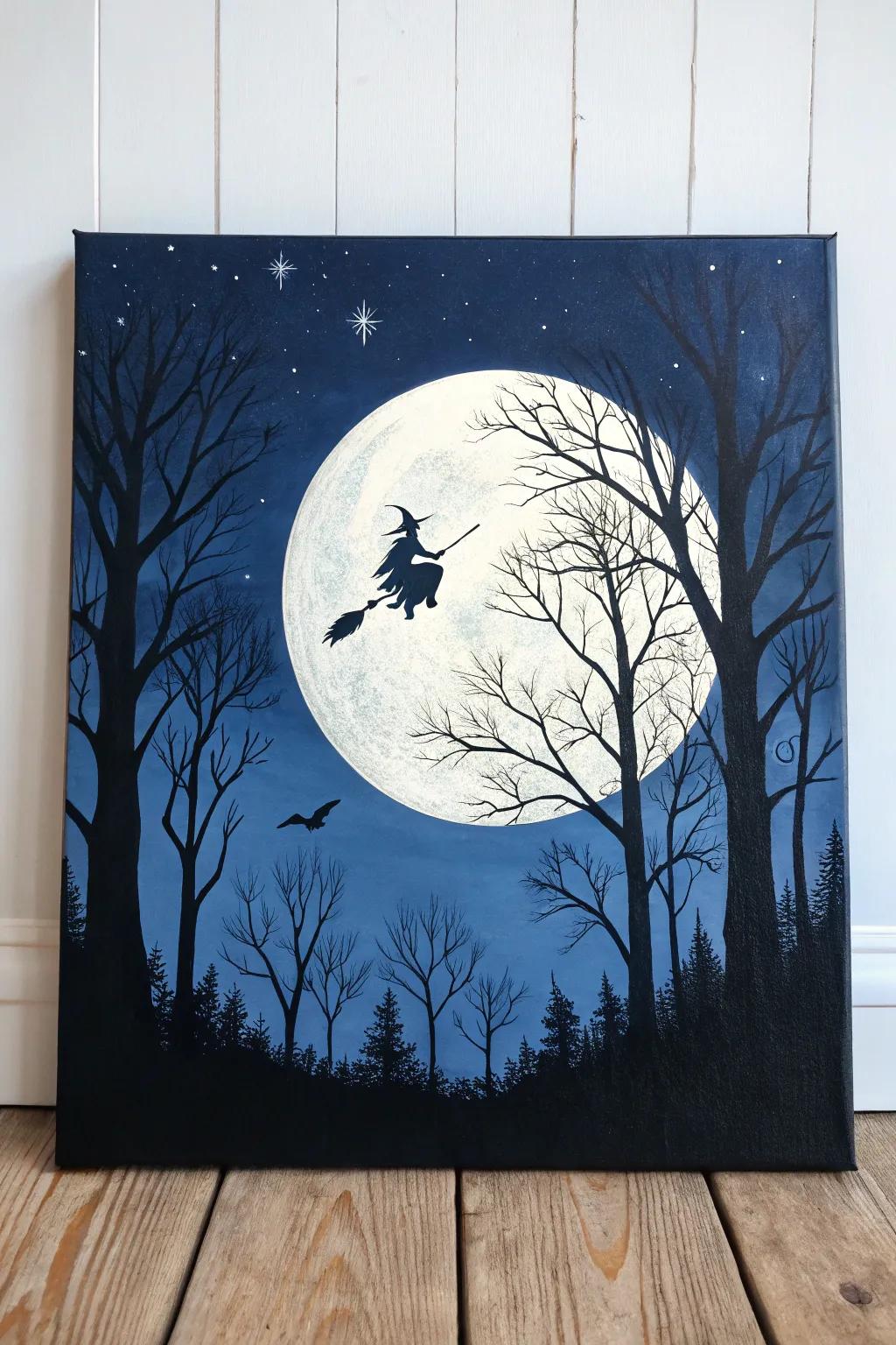 Embrace the magic of a moonlit night with this enchanting silhouette painting—perfect for adding a whimsical touch to your minimalist decor.