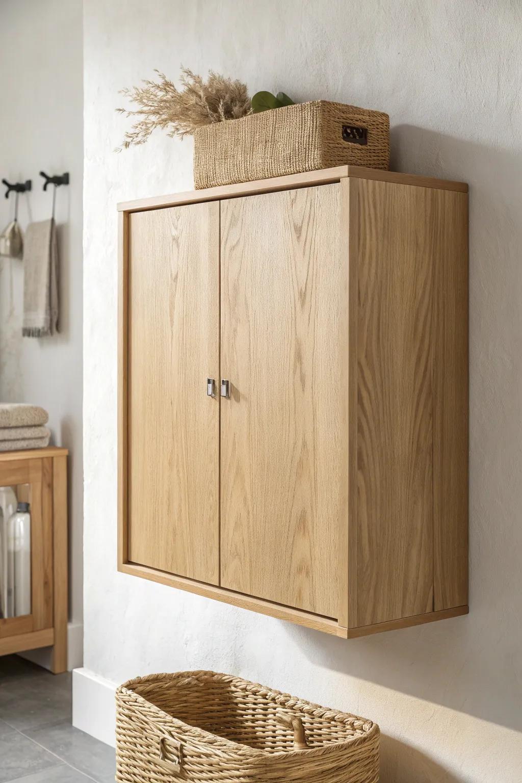 Floating oak cabinet that keeps your hallway airy—plus space underneath for baskets and easy cleaning.