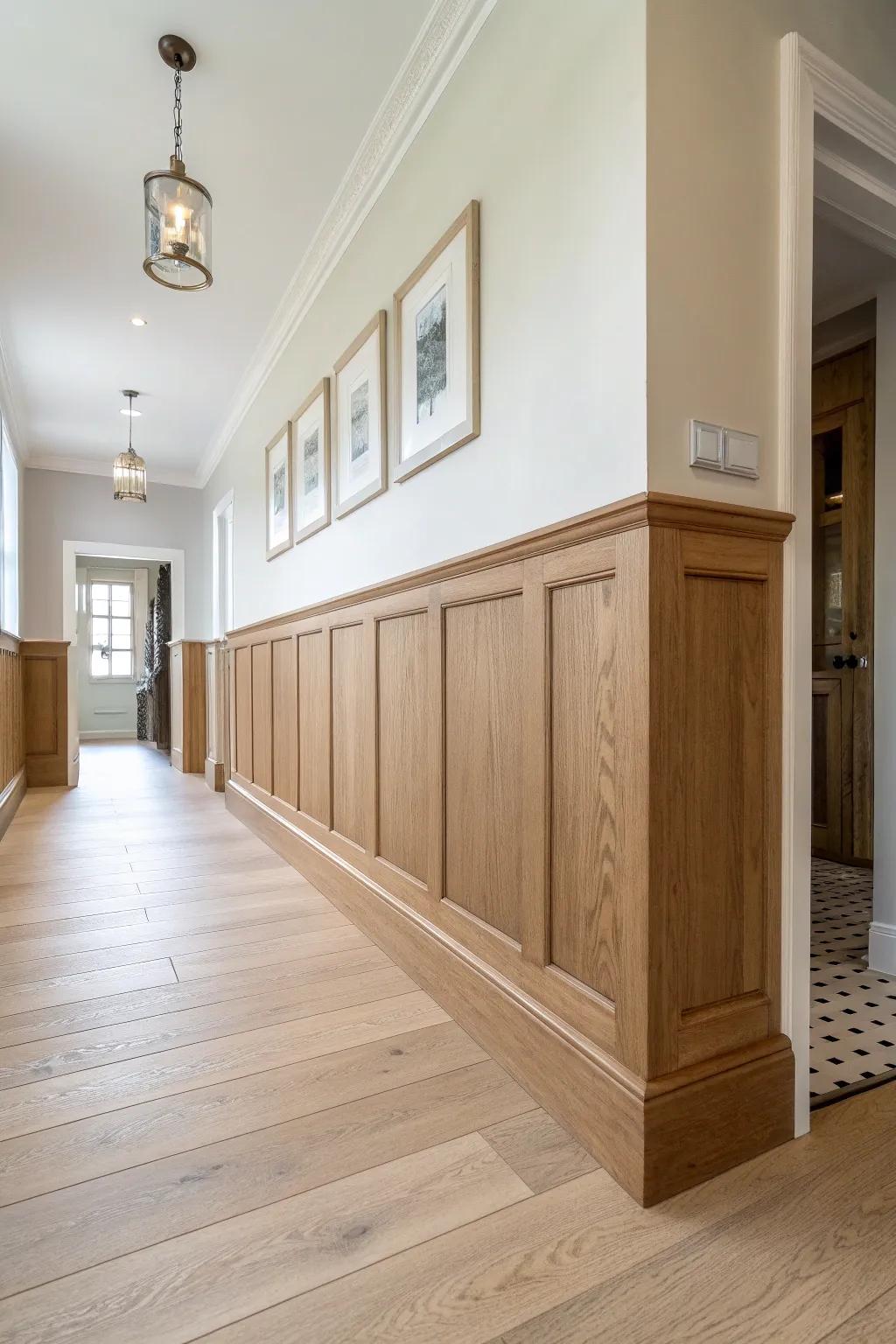 Two-tone walls plus oak trim: a simple trick that makes long hallways feel wider.