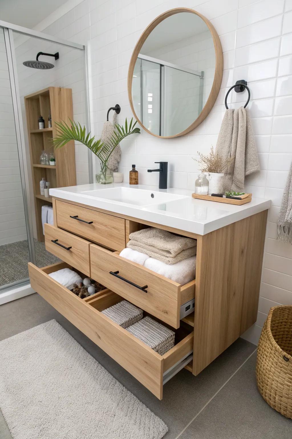Slim side drawer towers keep toiletries within reach—beautiful storage for wheelchair vanities.