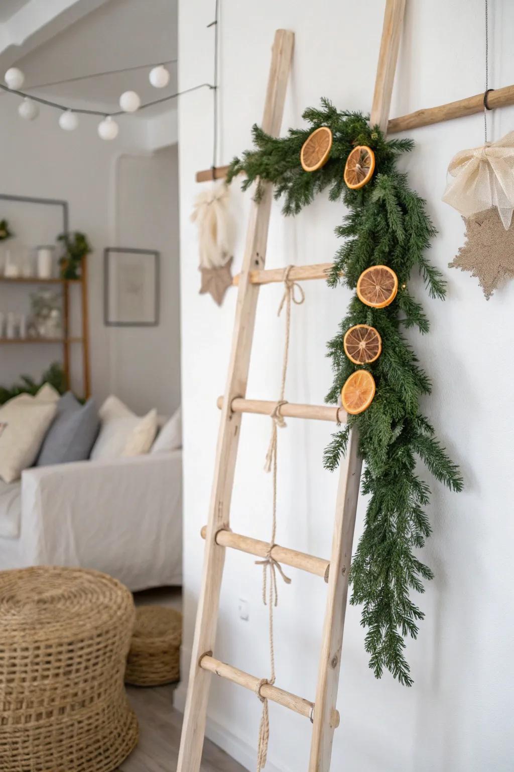 Seasonal ladder garland swap: evergreen + dried oranges tied with simple ribbons
