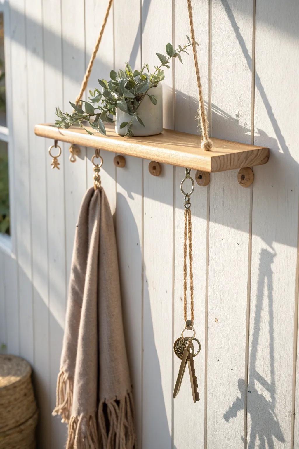 A minimalist hanging shelf with under-hooks—pretty, practical, and perfect for everyday drop zones.