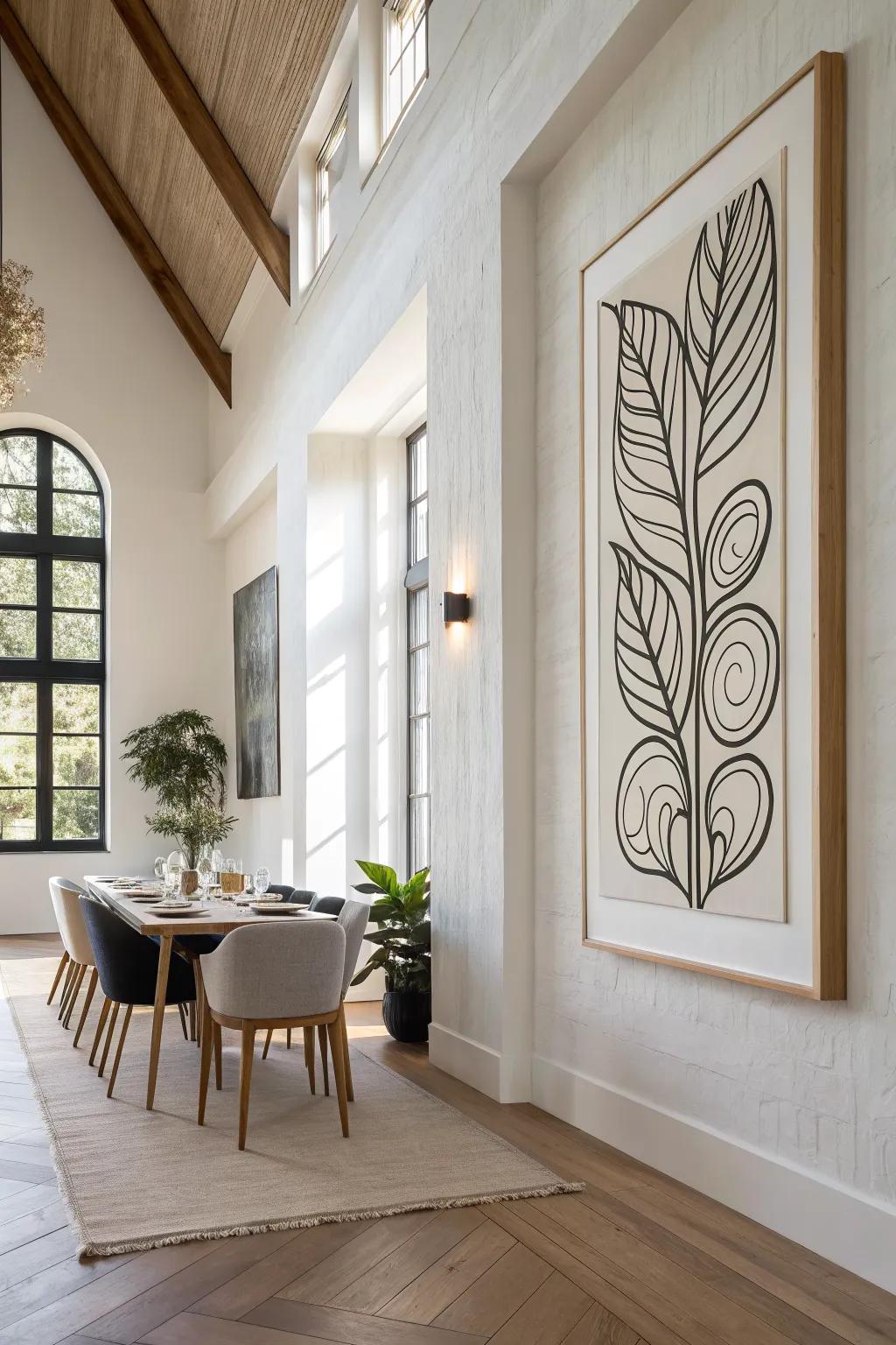 Oversized vertical art draws the eye up—perfect for making high dining room walls feel intentional.