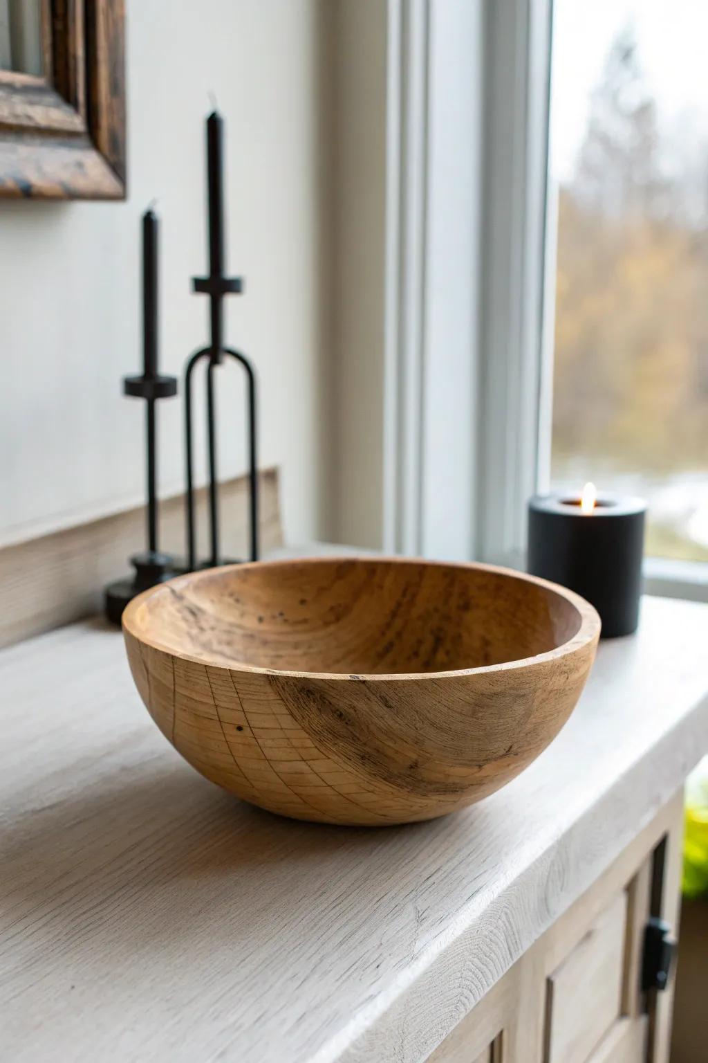 Reclaimed wood bowl + matte black metal accent—rustic contrast for high shelf styling.