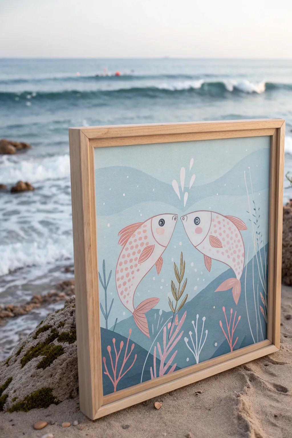 Celebrate love beneath the waves with this enchanting minimalist artwork, perfect for adding a touch of whimsy and elegance to your space.