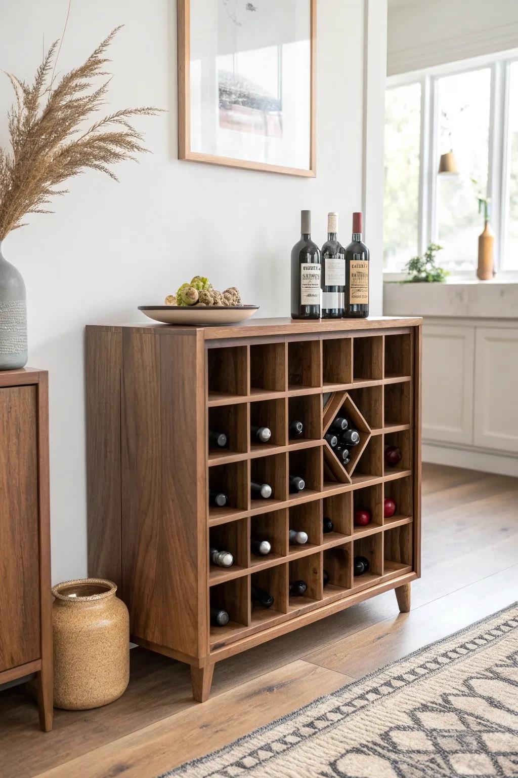 A half-lap wine cubby grid adds real-bar structure and warm craftsmanship to your back bar.