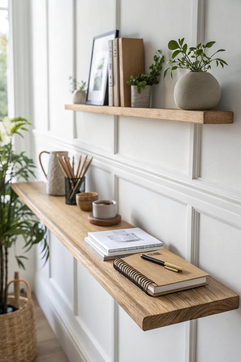 Slim oak shelf ledge keeps homeschool notebooks tidy—kid-height storage without crowding the room.